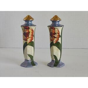 Tall Hand Painted Lusterware Salt + Pepper Shakers + 22K Gold Trim Made in Japan